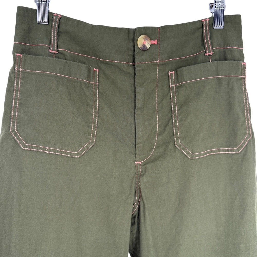 Maeve Anthropologie The Colette Olive Green Pink Stitch Wide Leg Crop Pants 28 - Picture 3 of 6